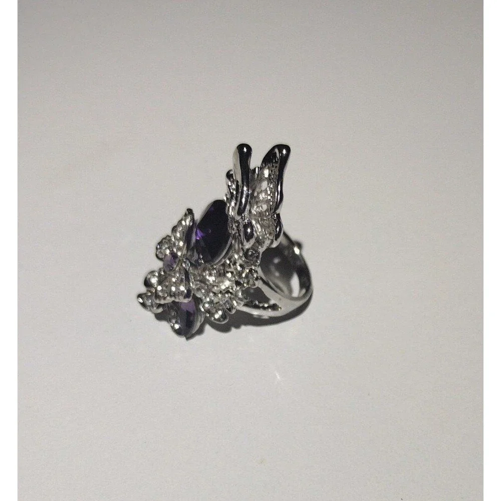 Butterfly Statement Ring - Amethyst Purple Stone - Adjustable Costume Jewelry